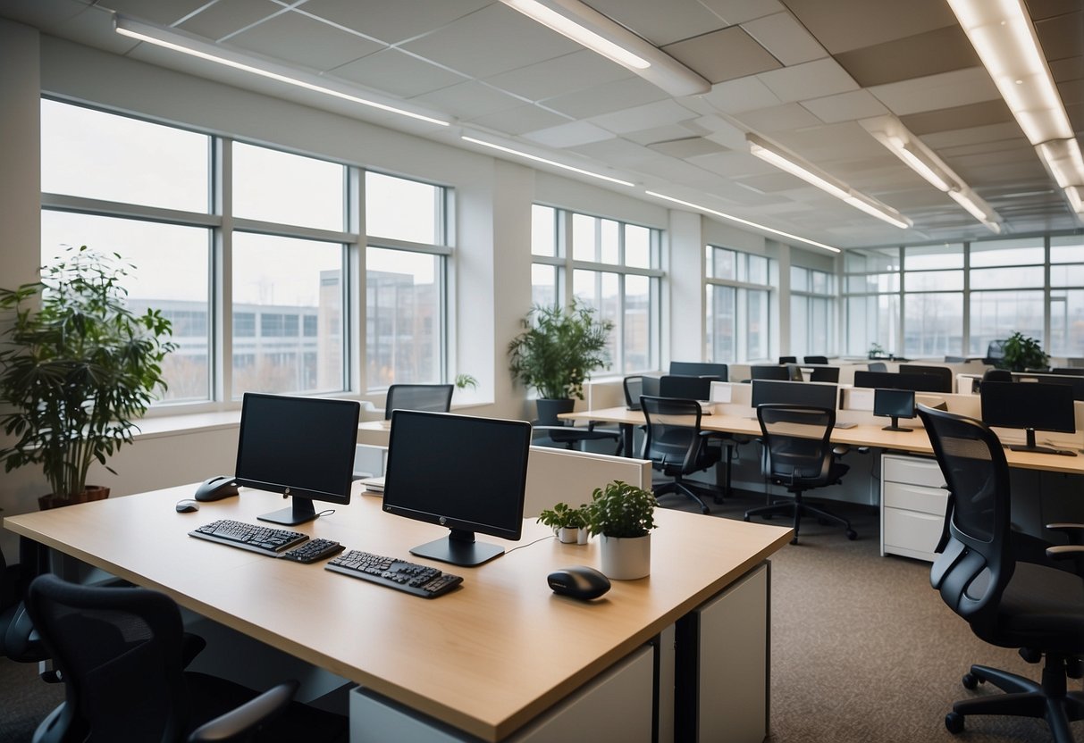 A modern office with sleek desks, ergonomic chairs, and stylish shelving units. Bright natural light streams in through large windows, illuminating the space