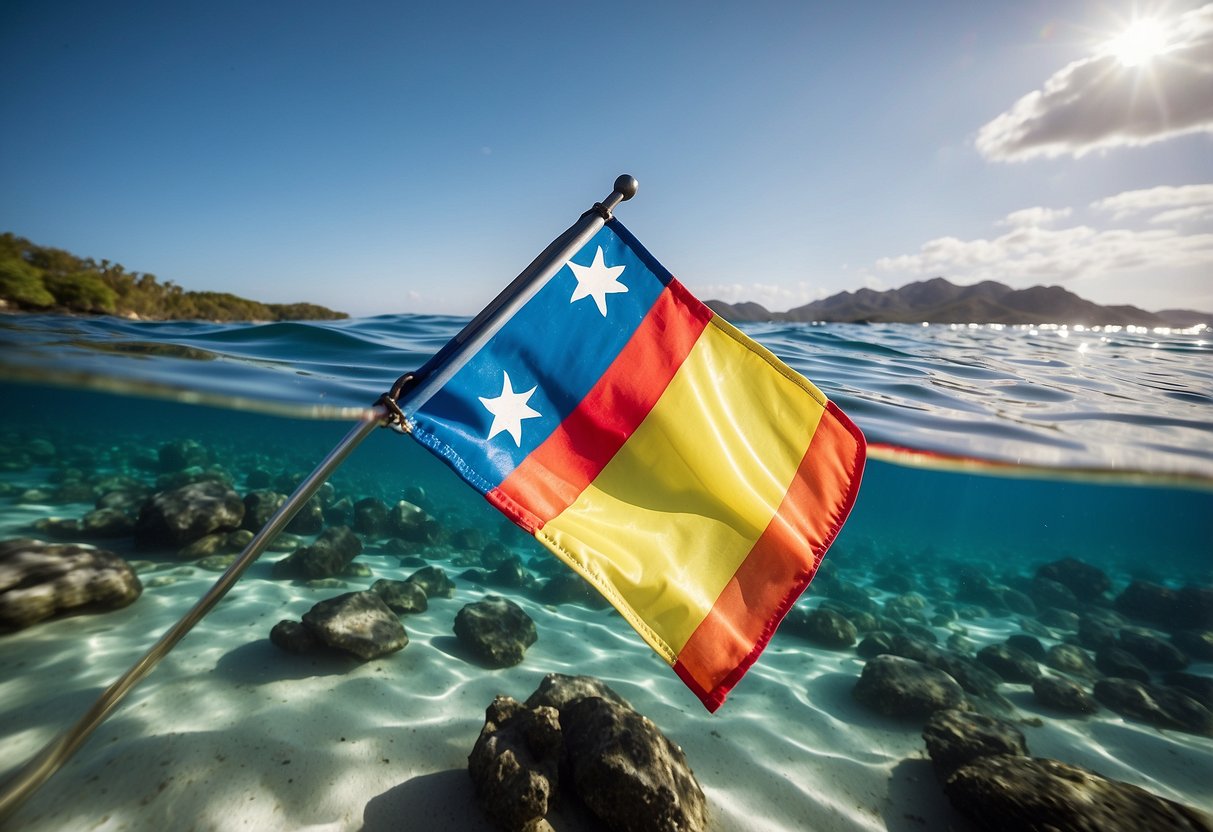 A colorful dive flag floating on calm, clear waters with snorkeling gear nearby. Sunlight sparkles on the surface, creating a serene and inviting scene