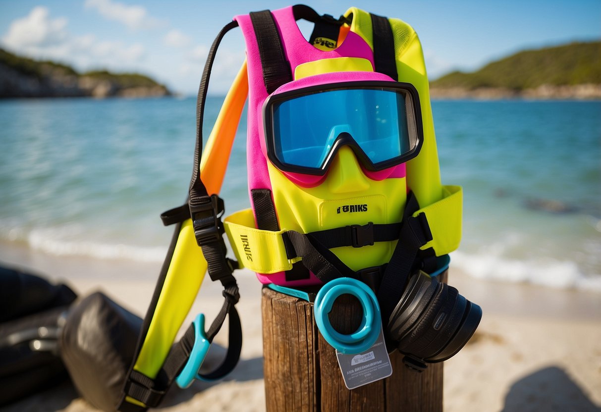 A brightly colored snorkel vest hangs on a wooden post by the ocean, surrounded by snorkeling gear and safety signs