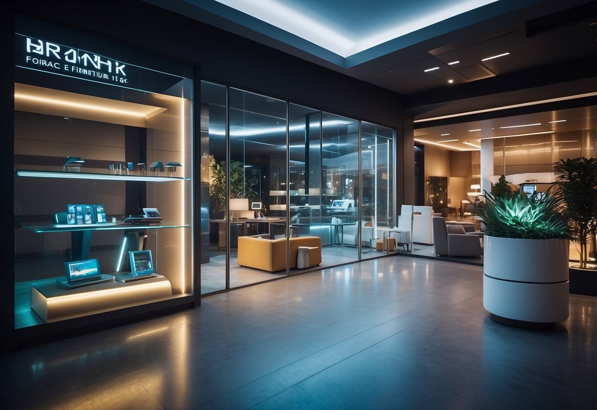 The space furniture store is brightly lit, with sleek, futuristic designs on display. A holographic sign advertises the opening hours