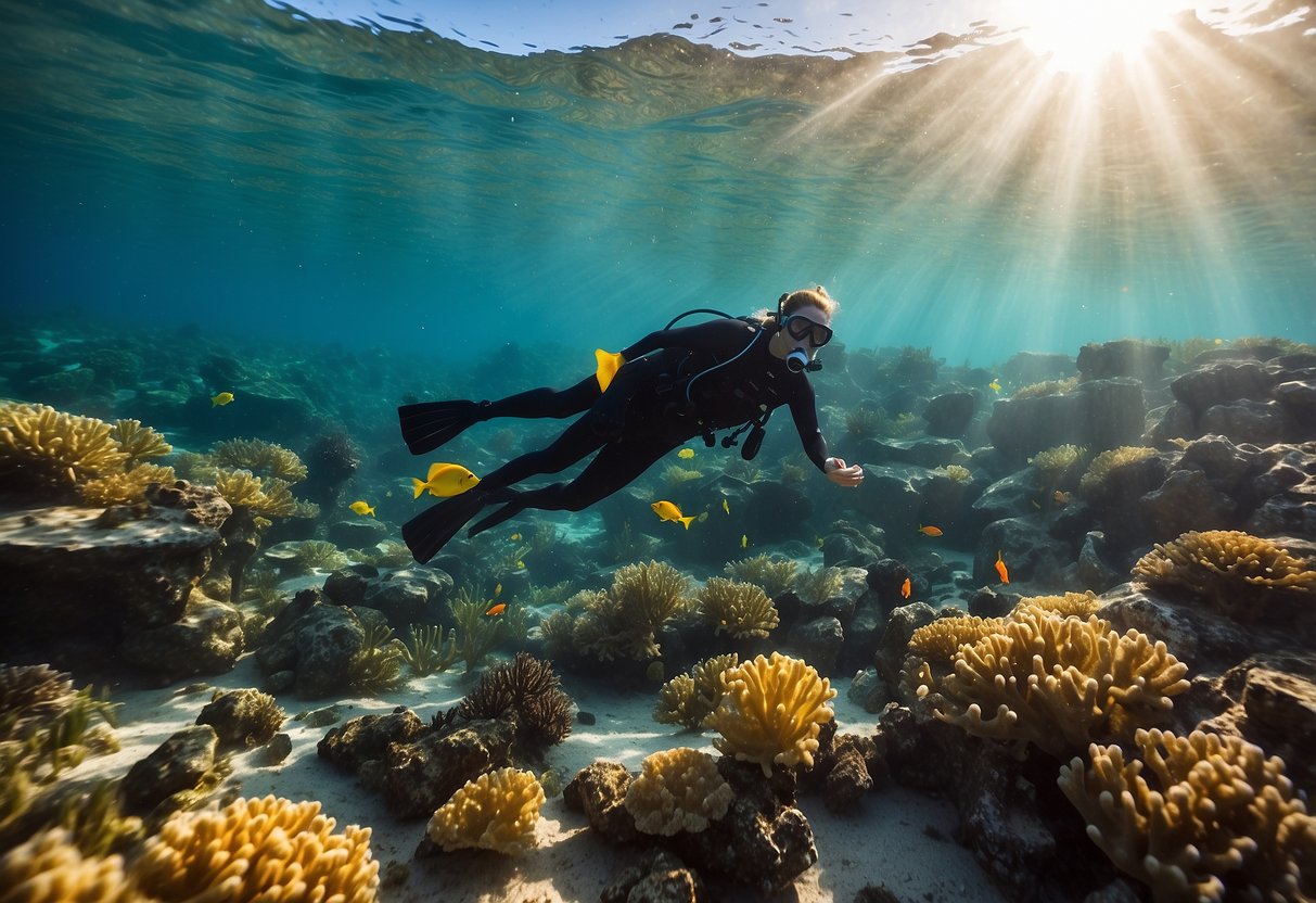 Crystal-clear water, vibrant coral, and colorful fish surround the lone snorkeler. The sun casts a warm glow on the tranquil ocean surface, creating a serene and peaceful underwater scene