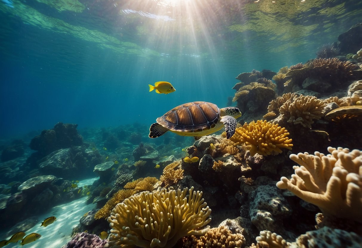 Colorful fish swim around coral reef, while a sea turtle gracefully glides through the water. Sunlight filters down, creating a beautiful underwater scene for solo snorkeling