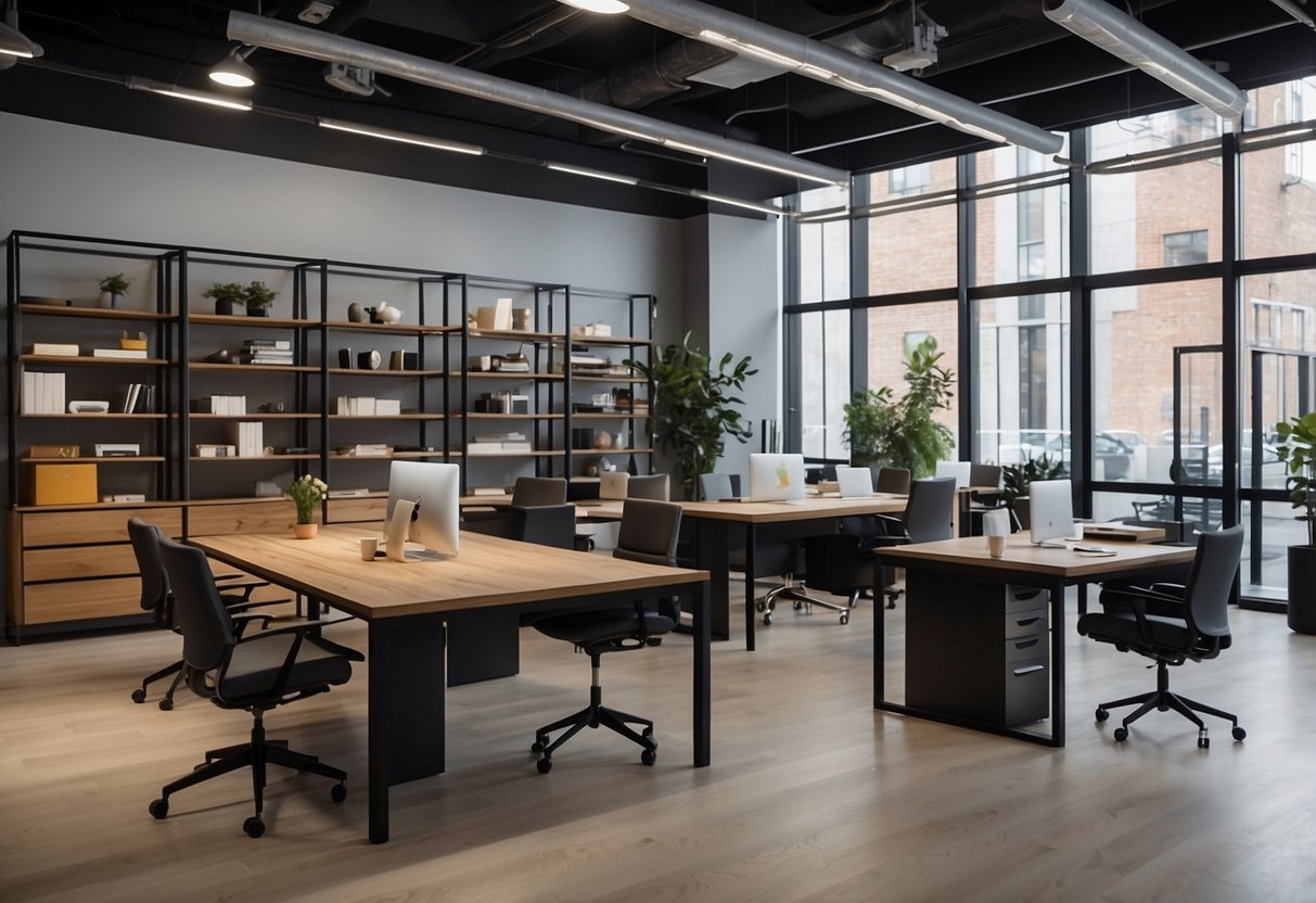 An open showroom with modern desks, chairs, and shelves. Natural light fills the space, highlighting the sleek and stylish designs of the Soho office furniture collection