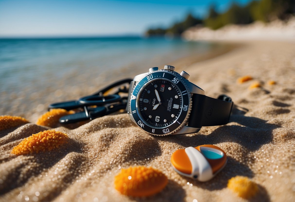 Crystal-clear water, colorful coral, snorkel gear, safety buoy, sunscreen, underwater camera, first aid kit, and a waterproof watch on a sandy beach