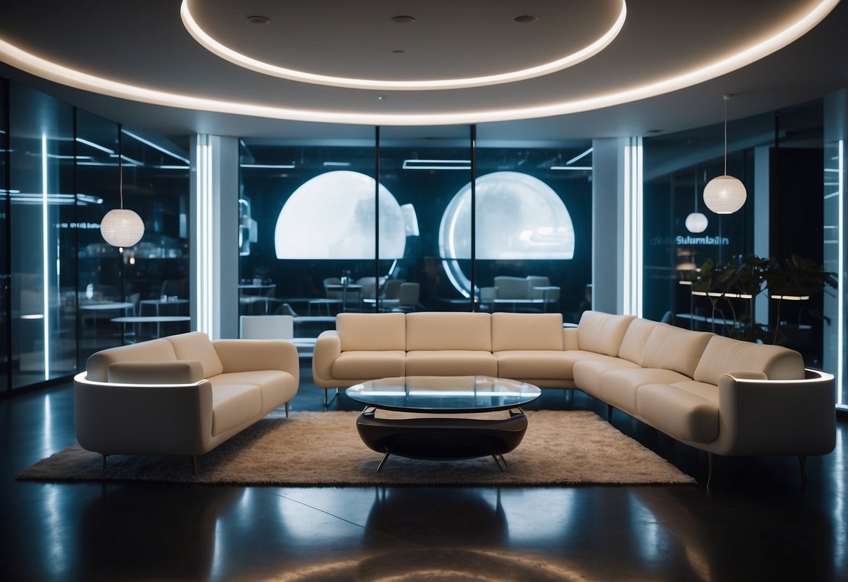 A futuristic space furniture store with sleek designs and glowing displays. Open doors invite customers into a high-tech, minimalist interior