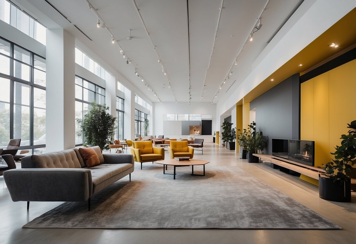 A spacious, brightly lit showroom filled with sleek, minimalist furniture designs. Clean lines and bold colors create a contemporary atmosphere