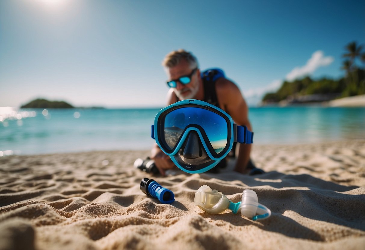 A snorkeler gathers gear on a sandy beach, checking mask and fins. Safety tips are posted nearby. Blue water and coral reef in the background