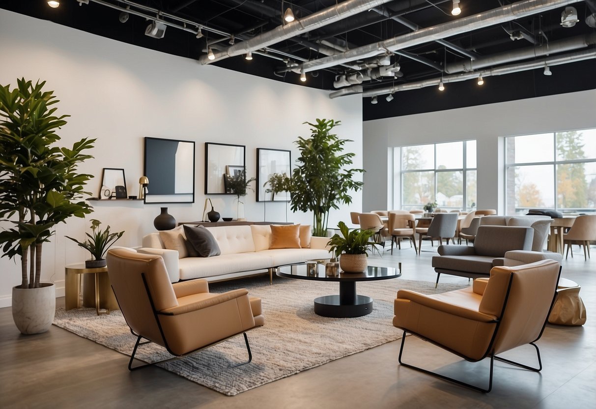 A bright, spacious showroom filled with sleek, minimalist furniture displays. Clean lines, neutral colors, and innovative designs showcase the latest modern furniture offerings
