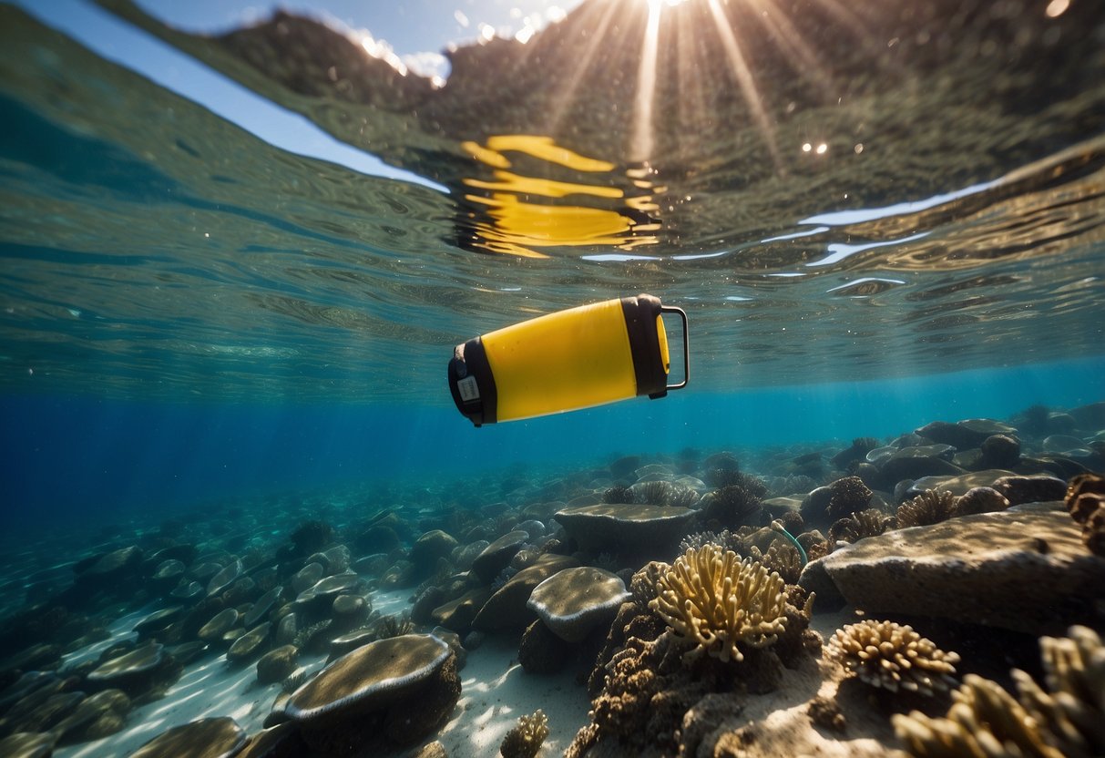 Crystal clear water, colorful coral reefs, snorkel gear, safety buoy, sunscreen, first aid kit, whistle, calm ocean surface, and a clear view of the ocean floor