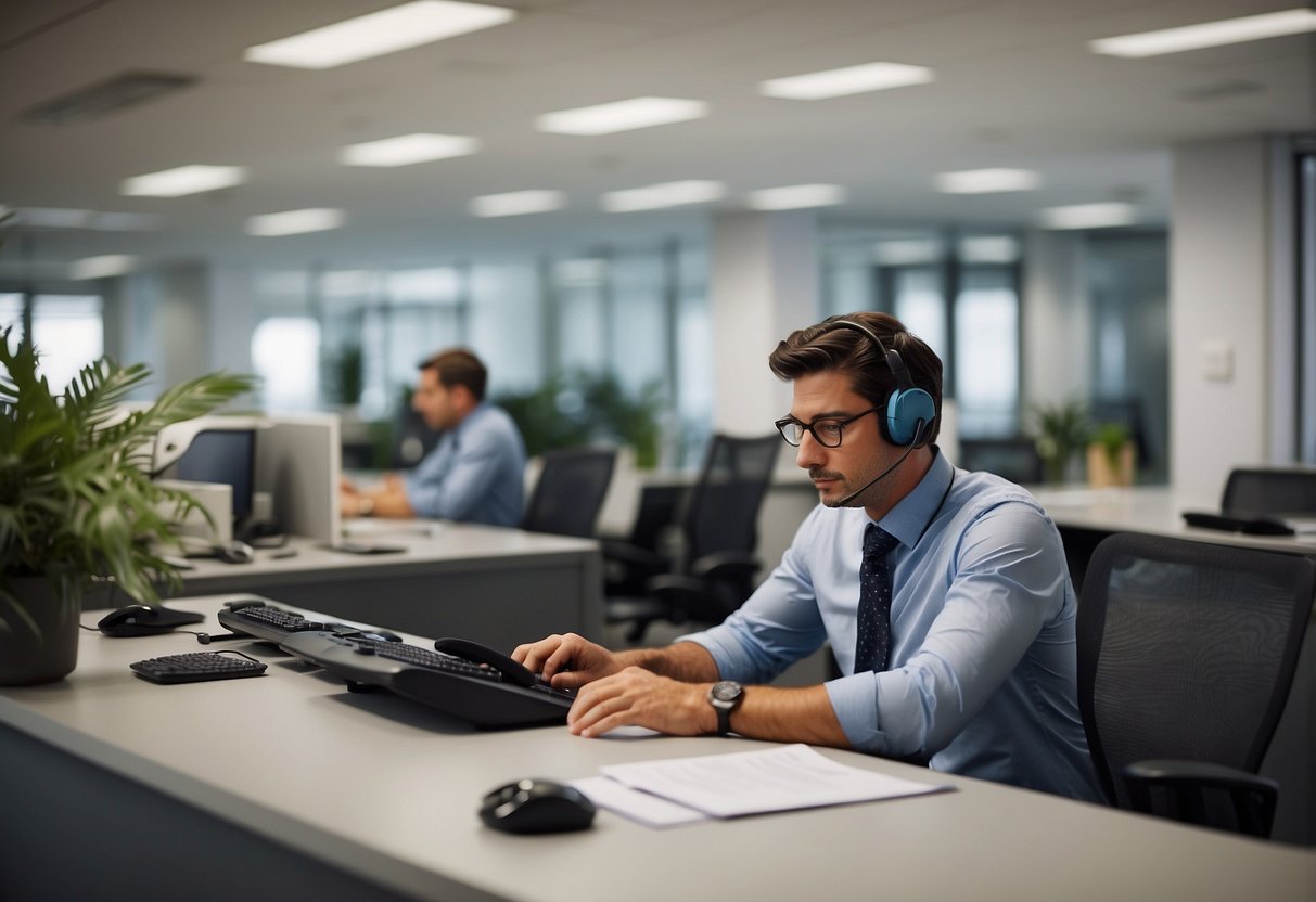 A busy office with desks, chairs, and filing cabinets. A customer service representative assists a client over the phone. Bright, modern decor