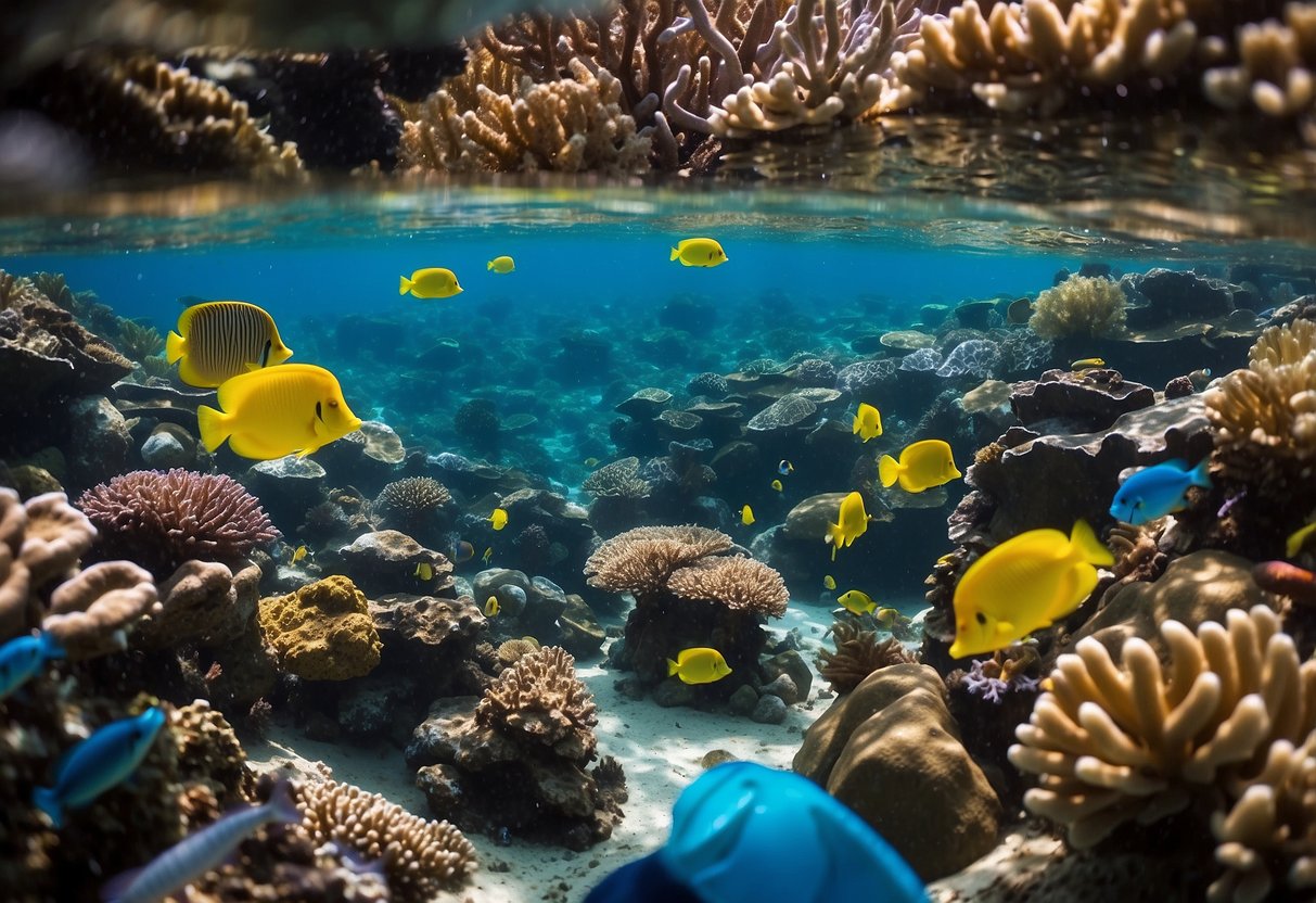 A colorful coral reef with diverse marine life, a snorkeler using a reef-safe sunscreen, a guide explaining eco-friendly practices, reusable water bottles on the boat, and a litter-free beach