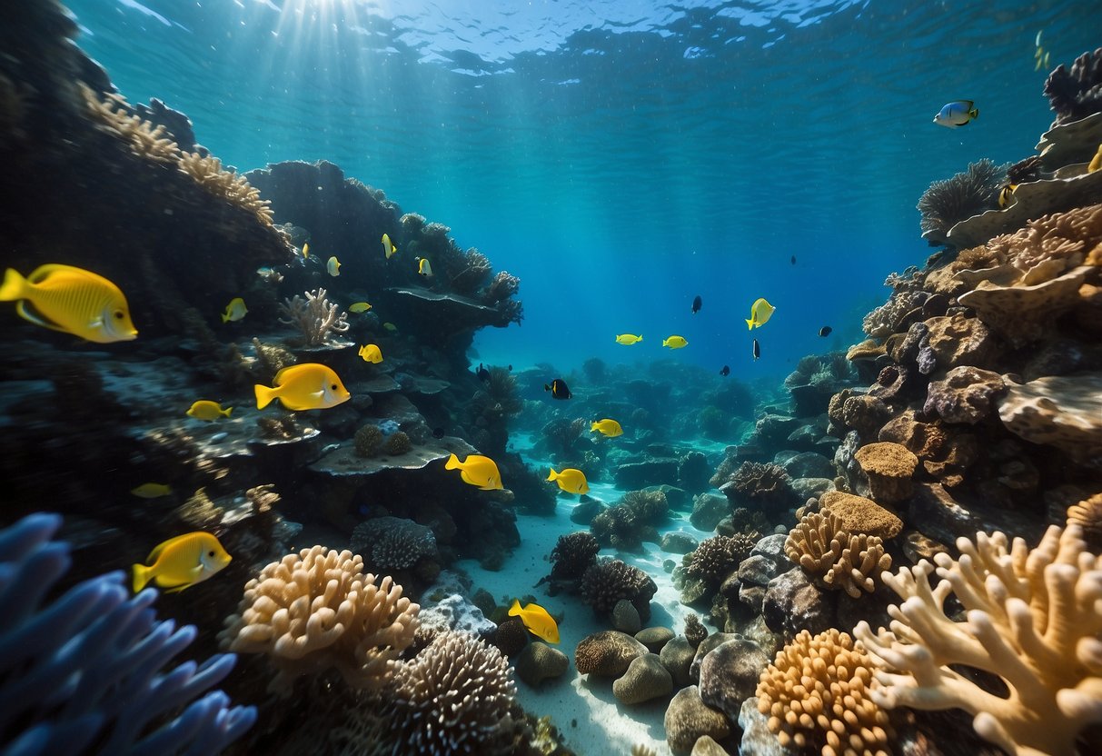 A snorkeling scene with colorful coral, fish, and clear water. No human presence. Signs promoting eco-friendly practices are visible