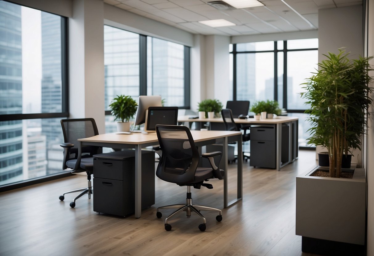 A modern office space with sleek furniture, bright lighting, and a clean, organized layout. The space exudes professionalism and efficiency
