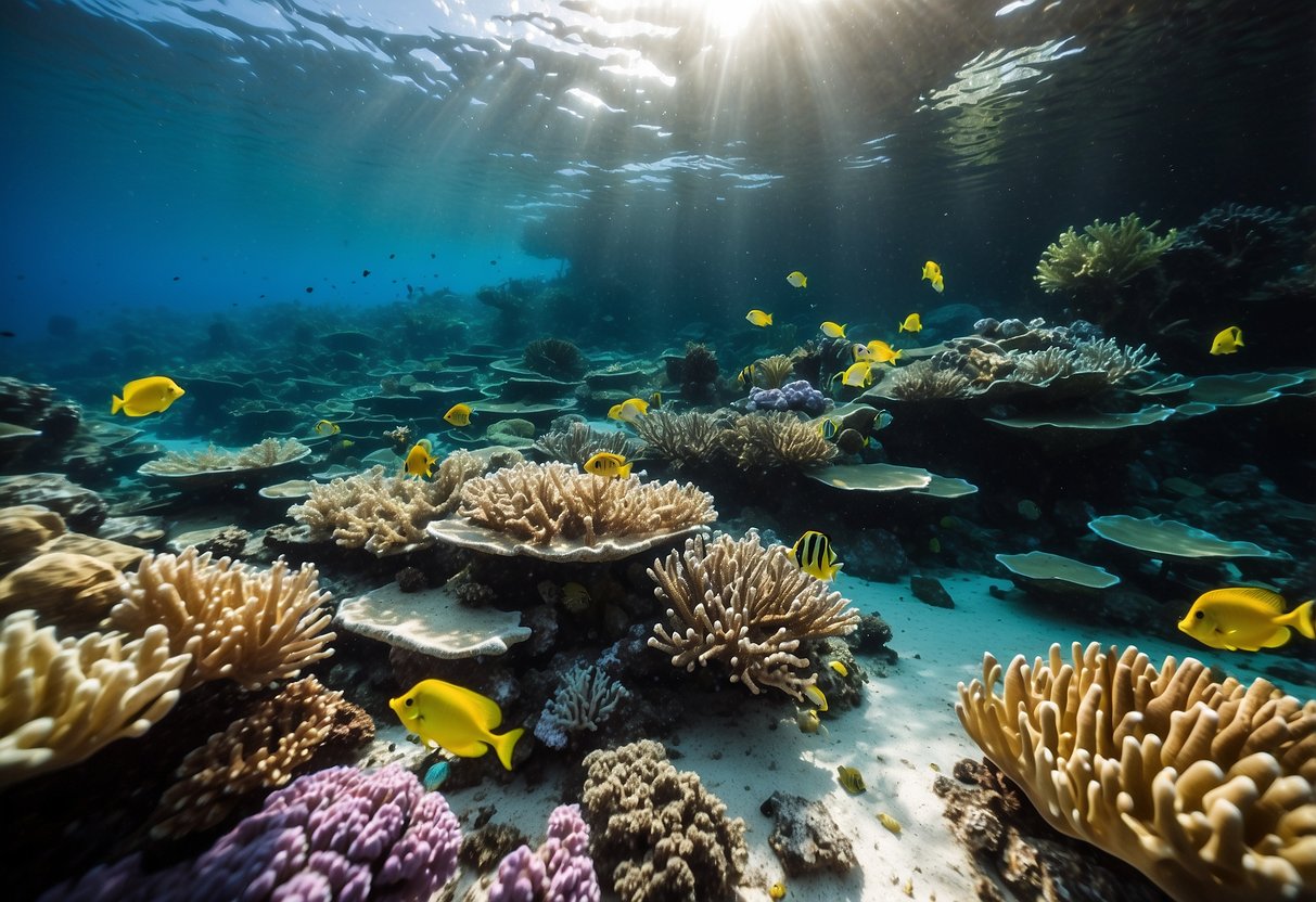 A vibrant coral reef teeming with colorful fish and marine life, surrounded by clear blue waters. A group of snorkelers are carefully observing the ecosystem, while a conservation team is working to protect and restore the delicate environment