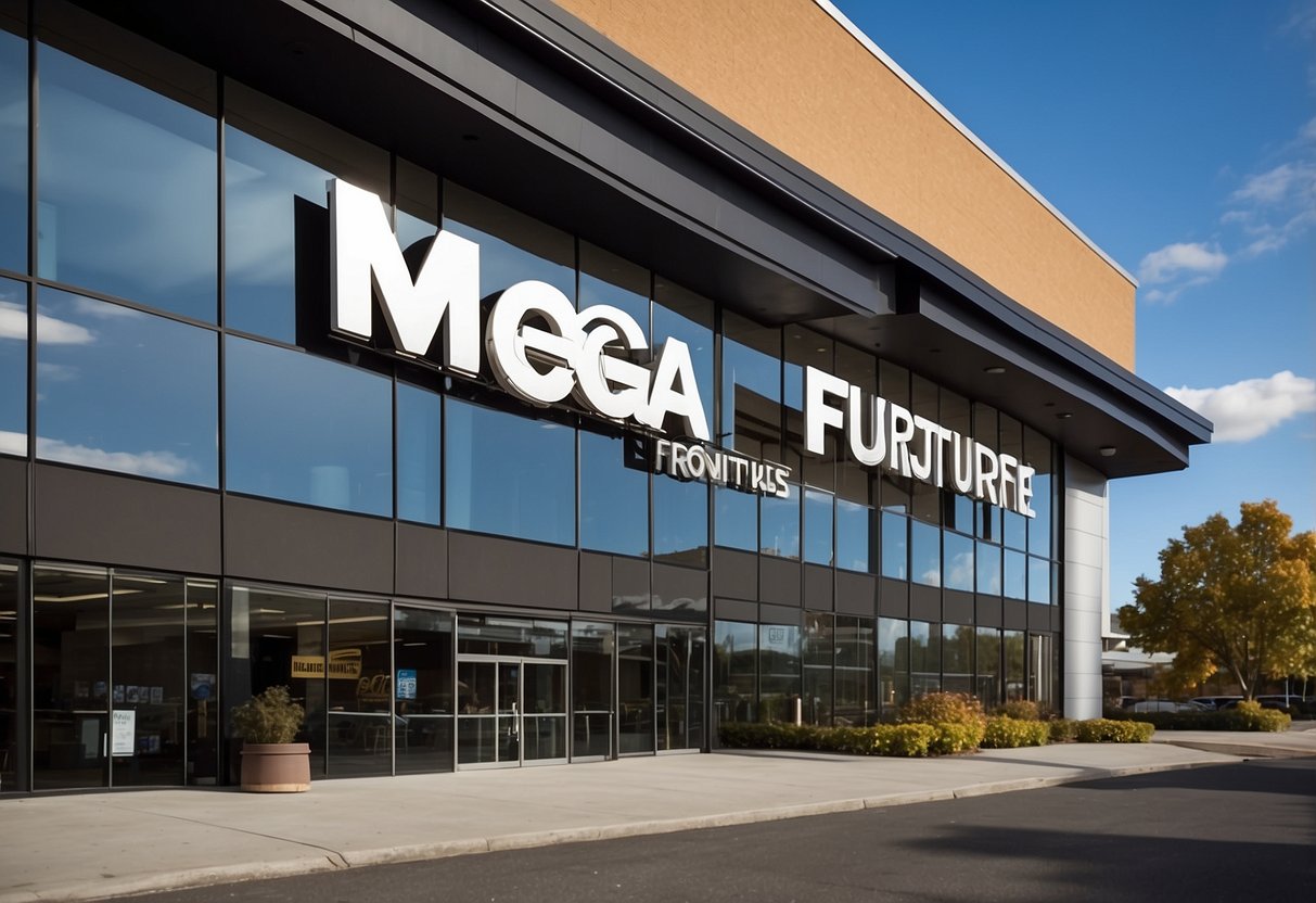 The mega furniture store stands tall, with a modern facade and large glass windows. A sign proudly displays the address in bold letters