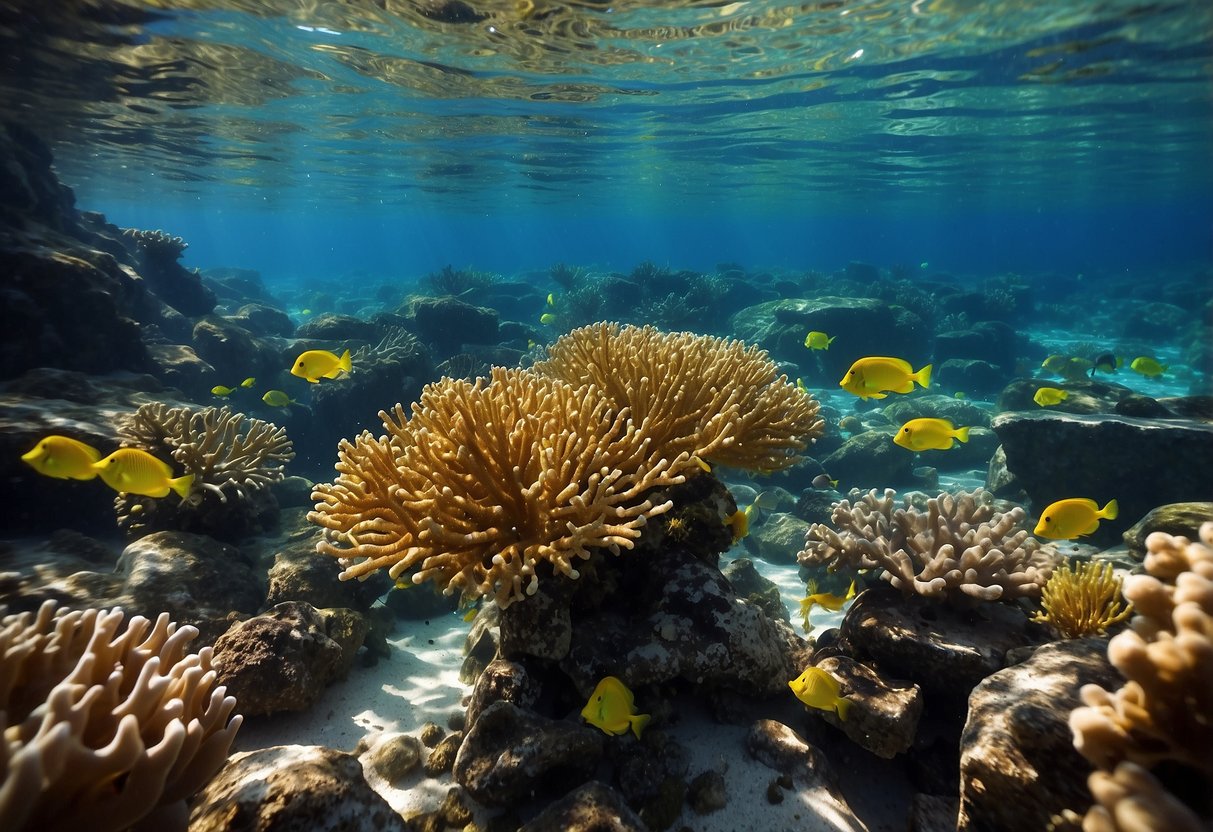 Colorful coral reef with diverse marine life. No feeding or touching. Eco-friendly snorkelers observing from a safe distance. Clean, clear waters