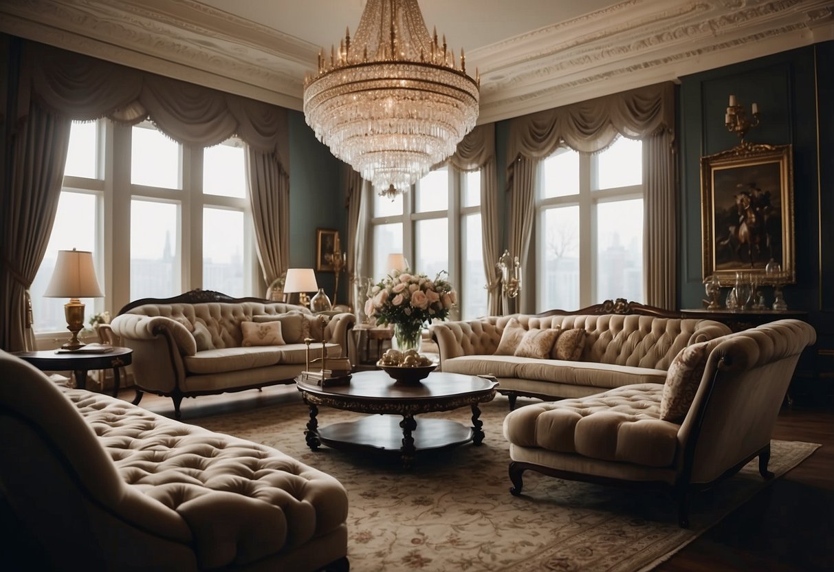 A room filled with modern Victorian style furniture, including a tufted sofa, ornate side tables, and a grand chandelier