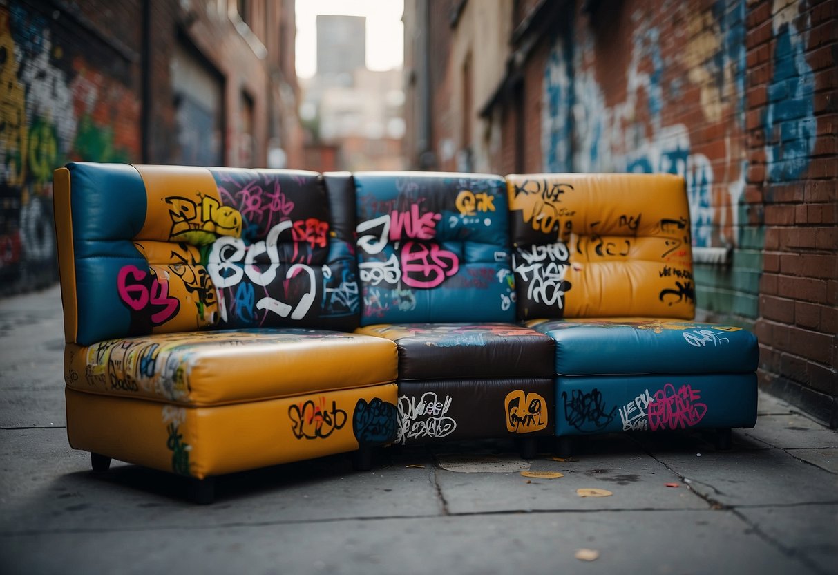 Various furniture pieces adorned with colorful graffiti tags in an urban alleyway
