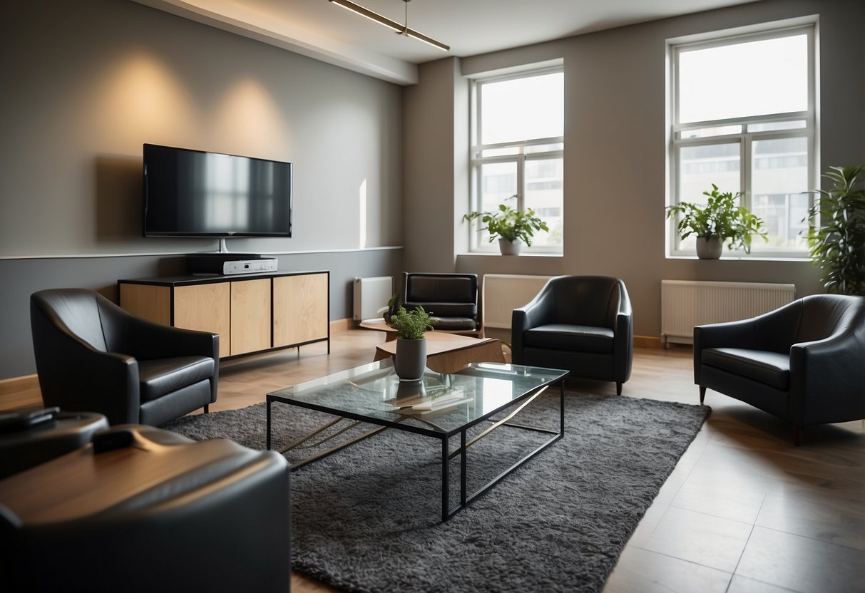 A room with modern furniture, a sign displaying "Frequently Asked Questions," and a clock showing the opening hours