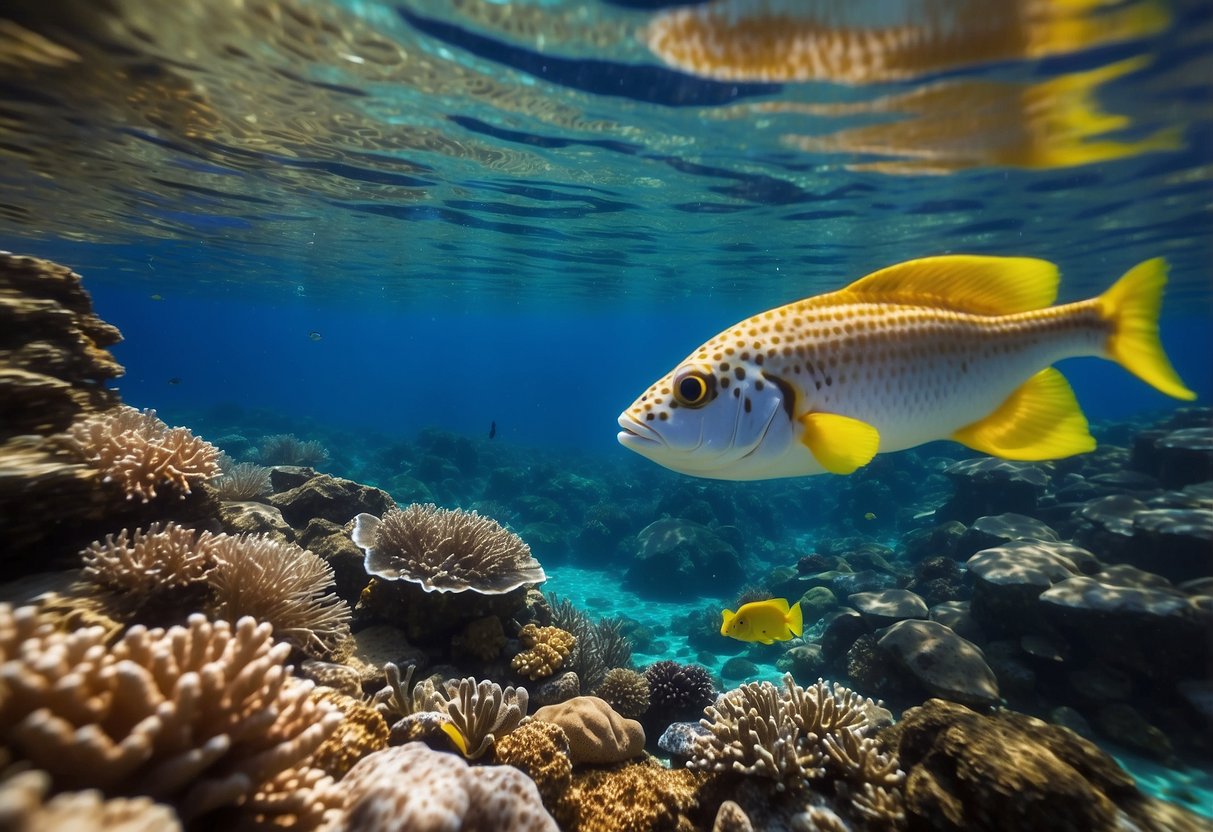 Crystal clear water, vibrant coral reefs, and colorful fish swimming peacefully. A snorkeler admires the beauty while maintaining a respectful distance from marine life