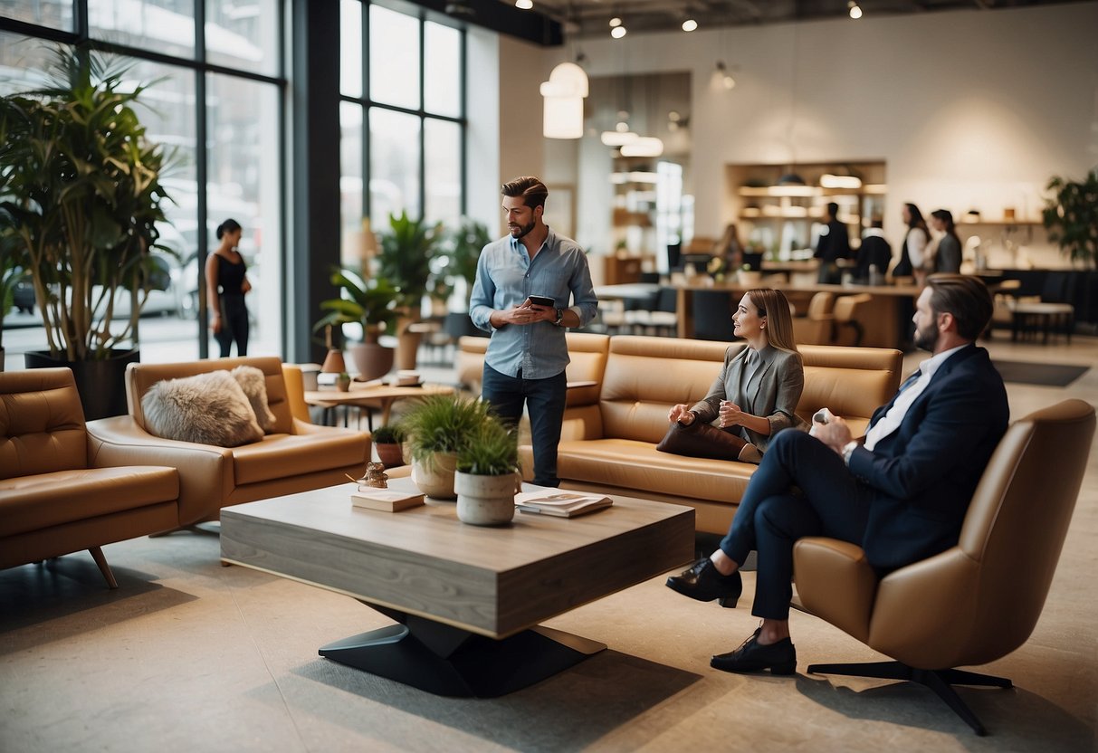 A group of people browsing through a showroom of modern furniture, with various pieces on display and a sign reading "Frequently Asked Questions" above a customer service desk