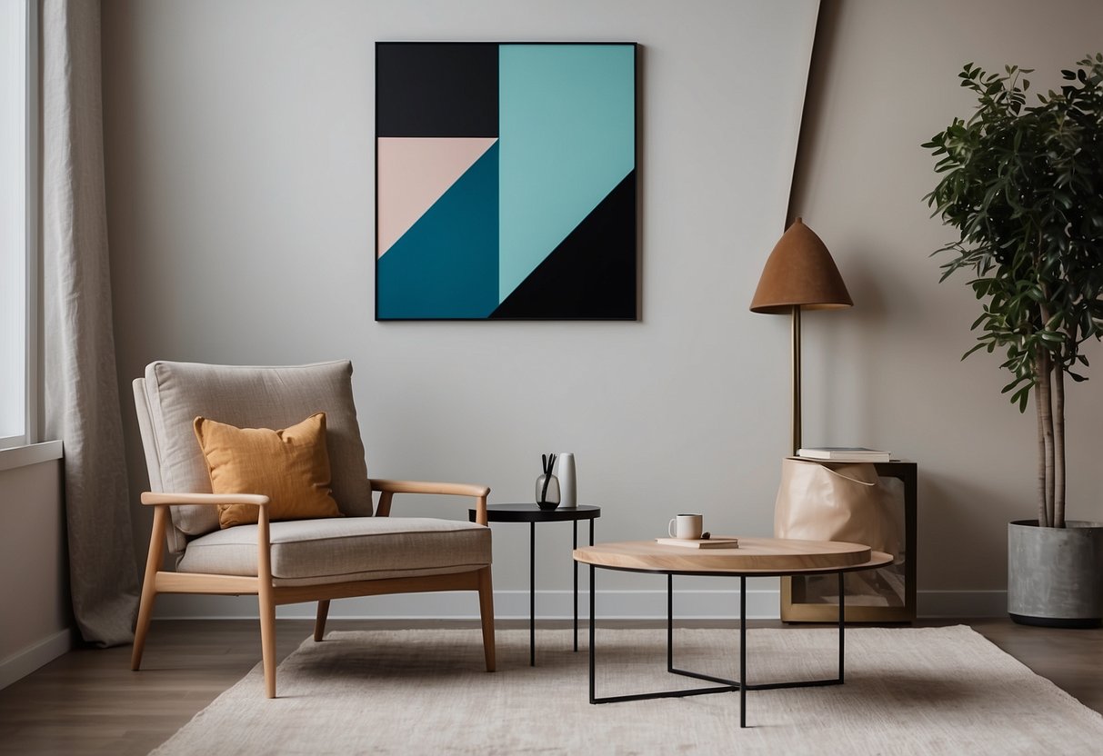 A sleek, minimalist chair sits beside a geometric coffee table, with abstract paintings adorning the walls