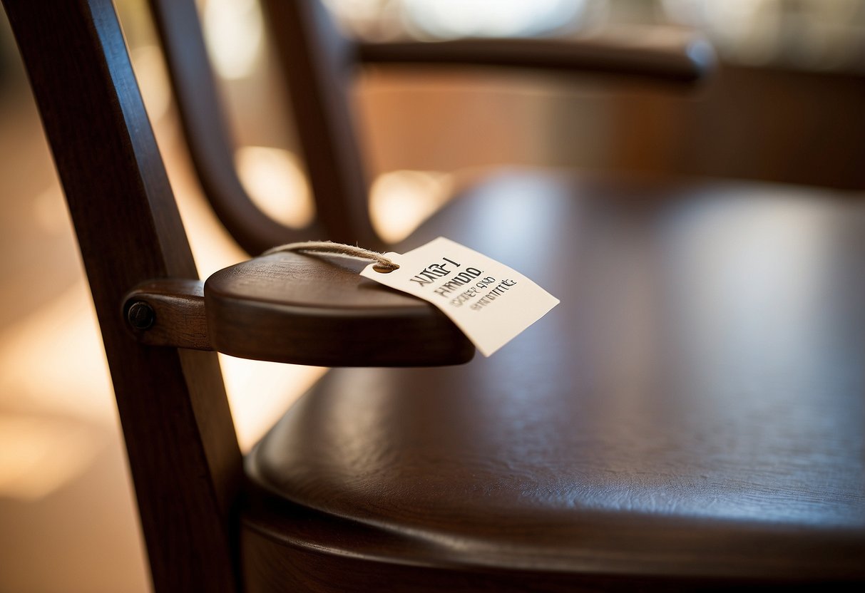 A hand reaches out to attach a small, white tag to the edge of a wooden chair. The tag reads "Furniture ID: 1234."