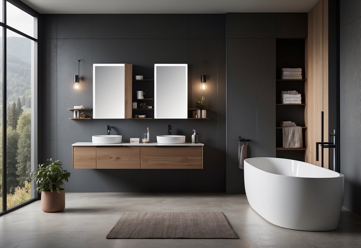 A sleek, modern bathroom with modular furniture, clean lines, and a minimalist design. The furniture includes a floating vanity, wall-mounted cabinets, and a sleek, frameless mirror