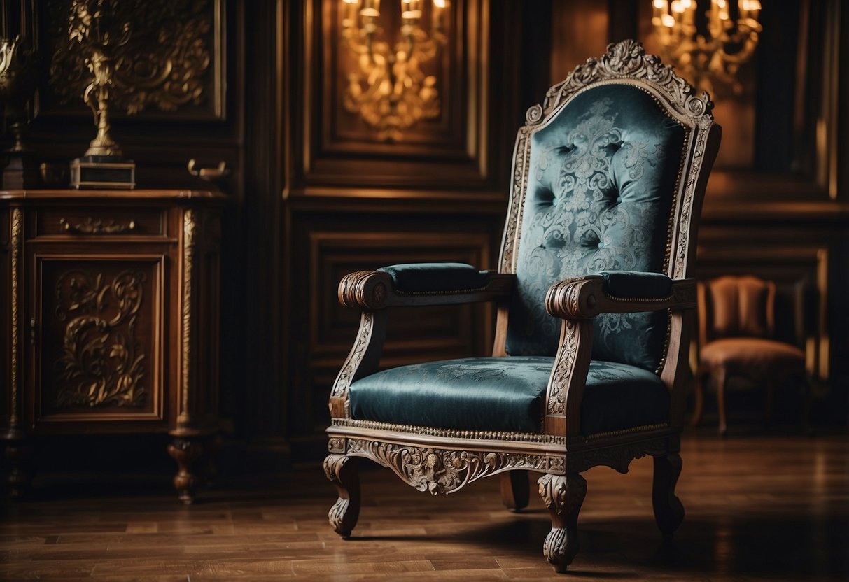 A grand, ornate chair with intricate carvings and plush upholstery sits in a room adorned with rich, dark wood furniture and elaborate, vintage-inspired decor
