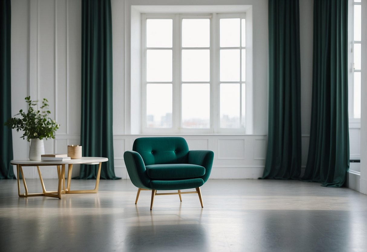 A sleek, minimalist chair with clean lines and bold colors stands in a bright, airy gallery space. Geometric shapes and asymmetrical designs fill the room, creating a sense of contemporary elegance