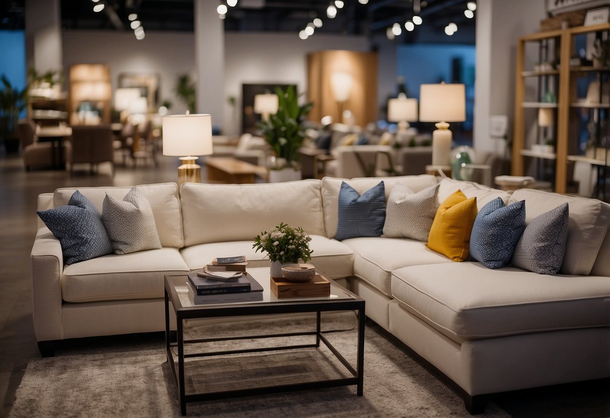 A furniture showroom with clear, visible tags on each item. Customers easily find product information. Lighting highlights tags for easy reading