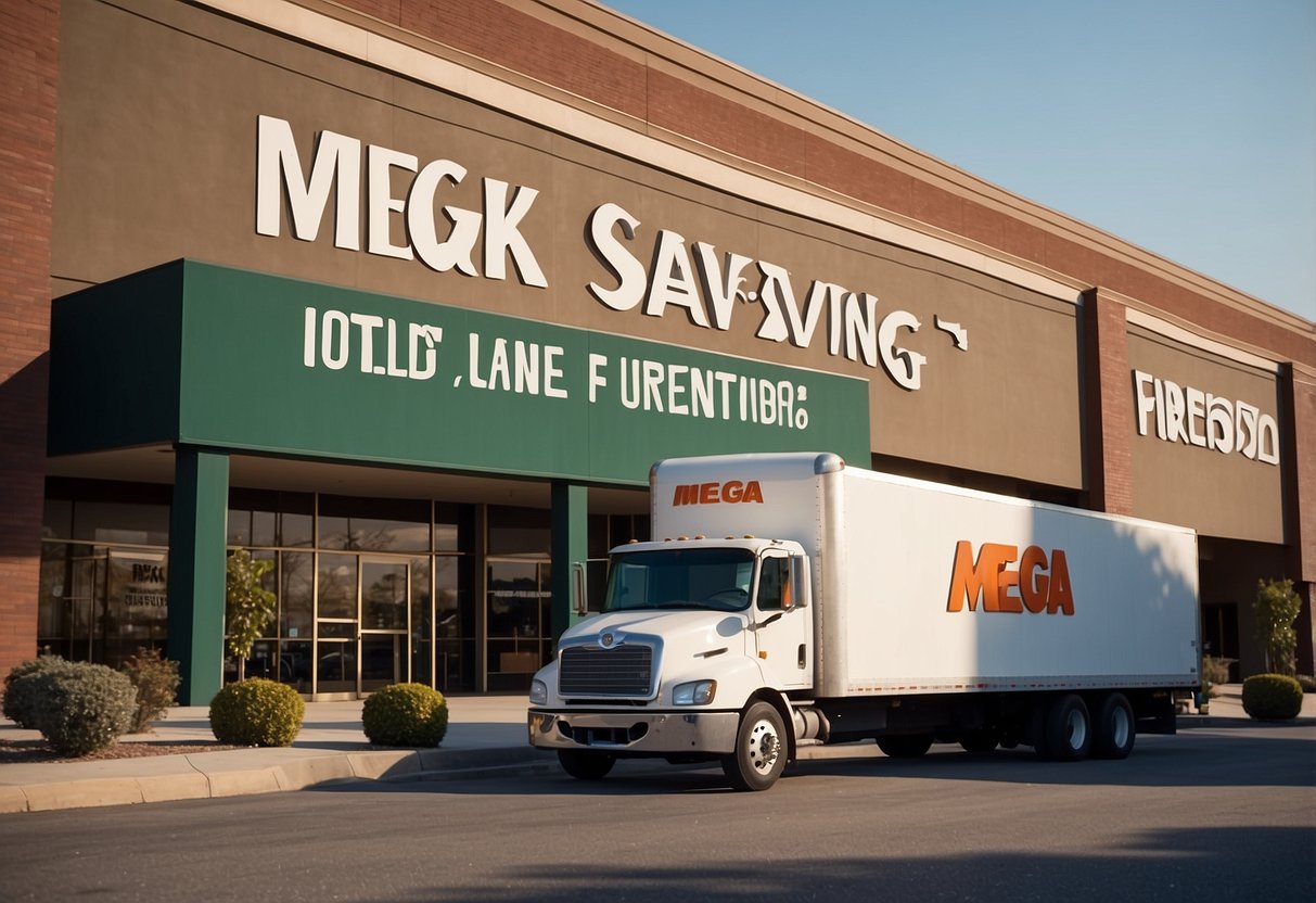A large furniture store with a bold "Mega Savings" sign and a line of delivery trucks outside. The address is prominently displayed