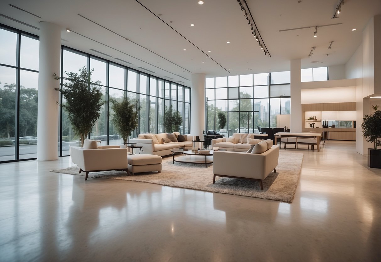 A bright, spacious showroom with sleek, minimalist furniture displays. Clean lines, neutral colors, and contemporary designs highlight the latest trends