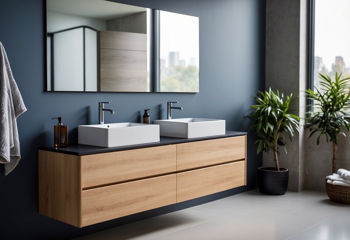 A modern bathroom with sleek, modular furniture. A floating vanity with clean lines, a wall-mounted cabinet, and a minimalist mirror. Bright, natural light illuminates the space