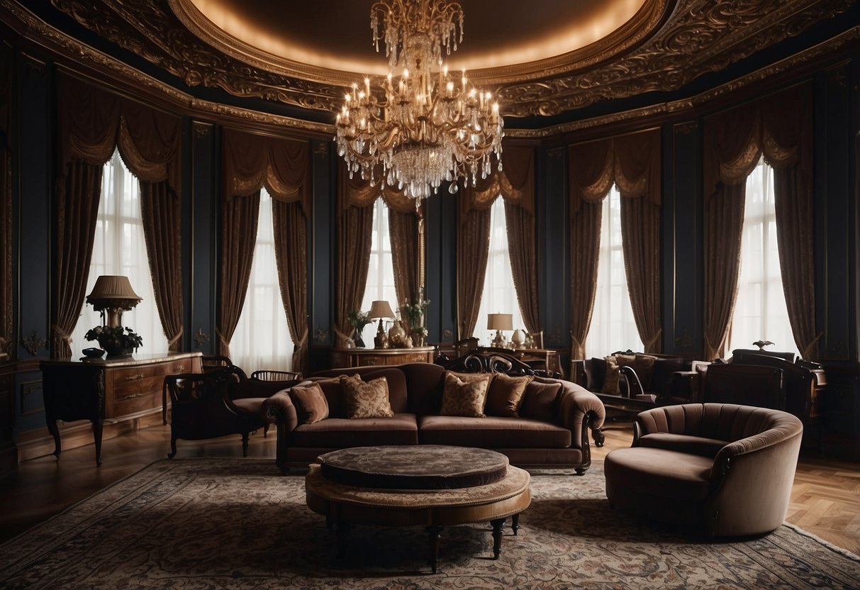 A room with ornate, dark wood furniture, velvet upholstery, and intricate carvings. Rich, deep colors and heavy drapery add to the opulent Victorian style