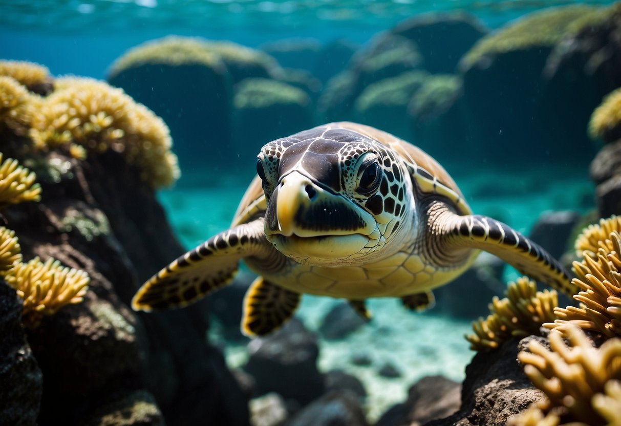 Crystal-clear waters teeming with colorful fish, sea turtles, and playful sea lions. Lush green landscapes and volcanic rock formations surround the snorkeling site