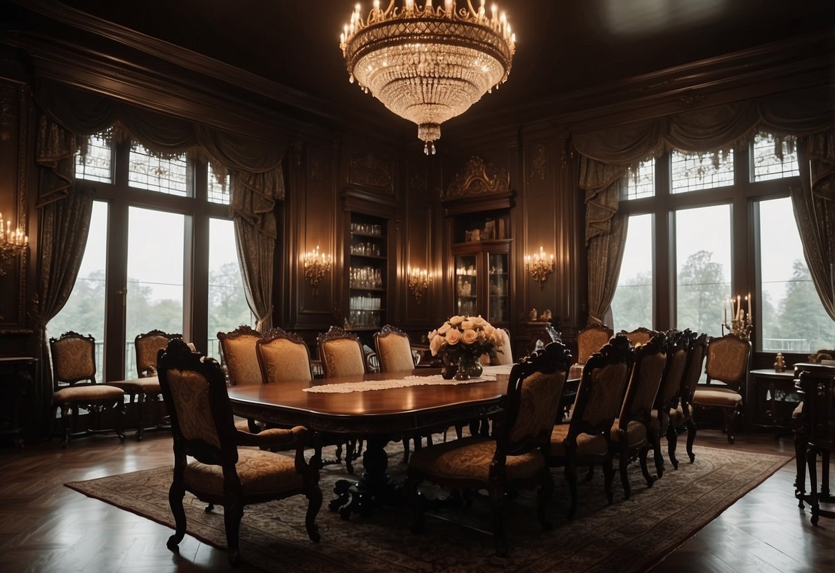 A room filled with ornate, dark wood furniture, featuring intricate carvings and velvet upholstery. A chandelier hangs from the ceiling, casting a warm glow over the opulent decor