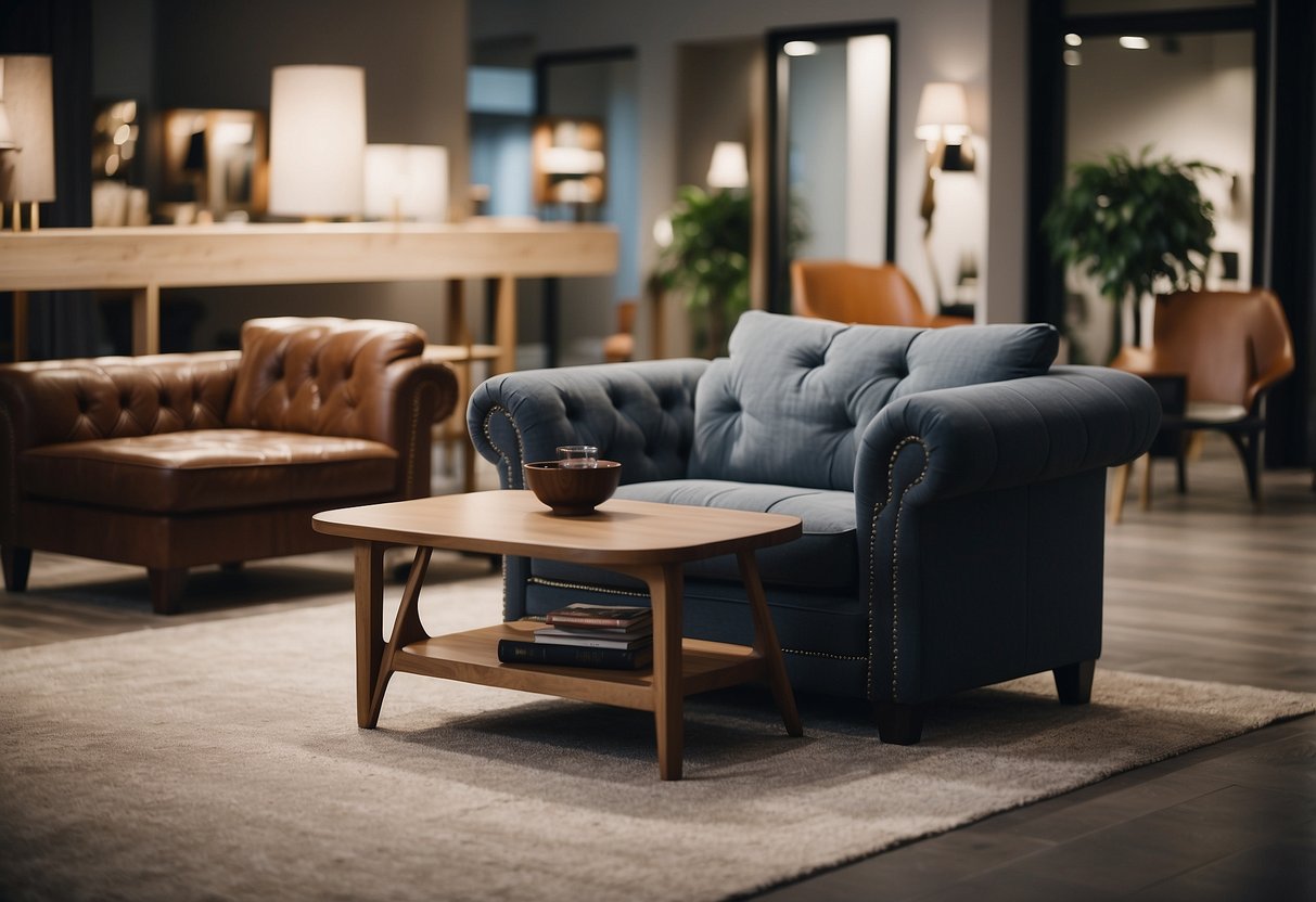 Furniture being labeled with "Frequently Asked Questions" tags in a showroom setting