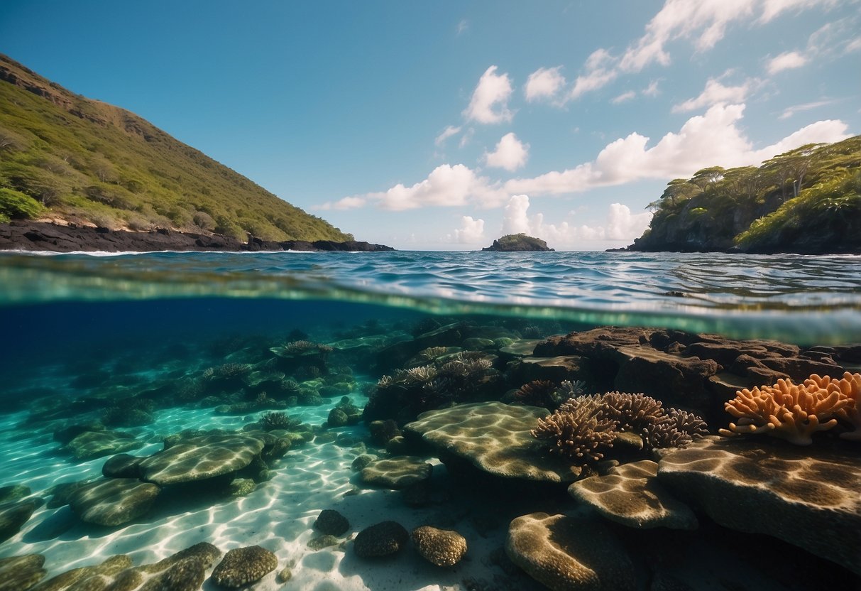 Clear turquoise waters teeming with colorful fish and vibrant coral reefs. Gentle waves lapping against the shore with a backdrop of lush greenery and volcanic rock formations