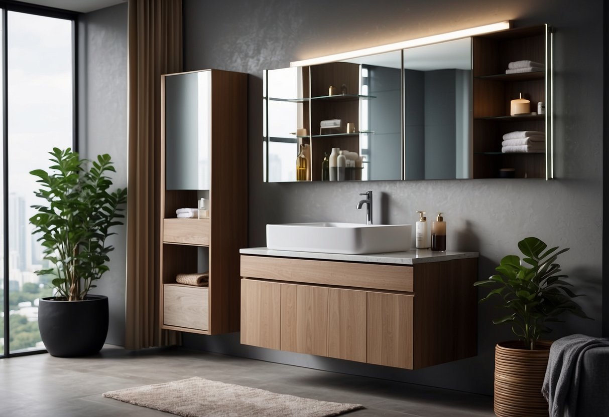 A modern bathroom with sleek, modular furniture arranged in a spacious layout. The furniture includes a vanity, storage cabinets, and a mirror, all with clean lines and a minimalist design