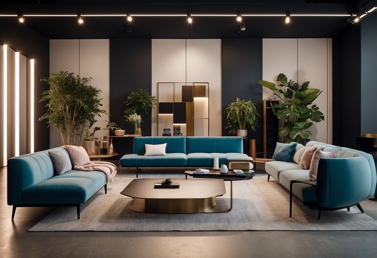 A sleek, minimalist online furniture shop with clean lines and bold colors. Product images are displayed on a grid layout with clear pricing and FAQ section