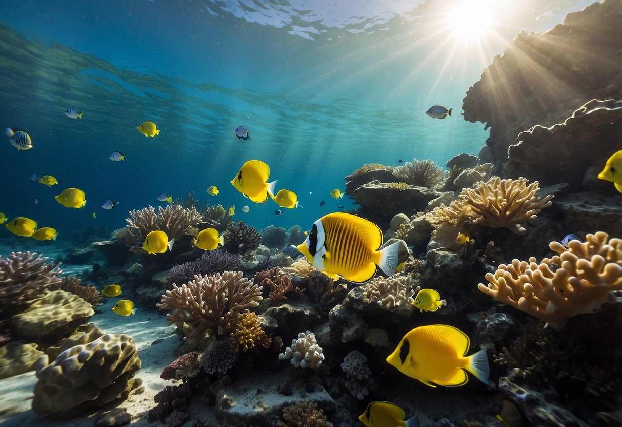 Crystal clear waters teeming with colorful fish and vibrant coral reefs. Sunlight filters through the water, illuminating the underwater world. A variety of marine life, from tropical fish to sea turtles, create a bustling ecosystem