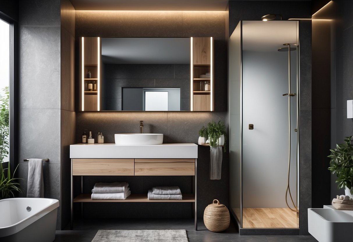 A modern bathroom with modular furniture, including a sleek vanity, storage cabinets, and a wall-mounted mirror