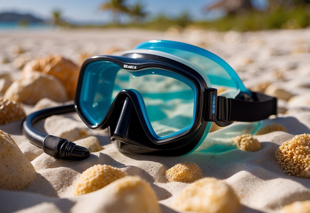 Crystal clear water surrounds a colorful coral reef. A snorkel and mask rest on a pristine beach next to a map and sunscreen. A backpack and water bottle sit nearby