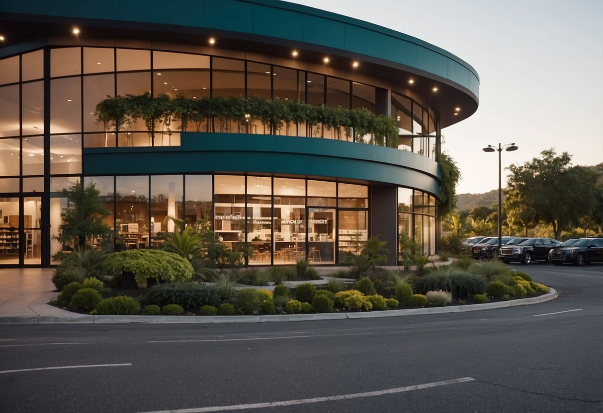A large, modern storefront with "Frequently Asked Questions" displayed prominently. The building is surrounded by a spacious parking lot and landscaped with lush greenery