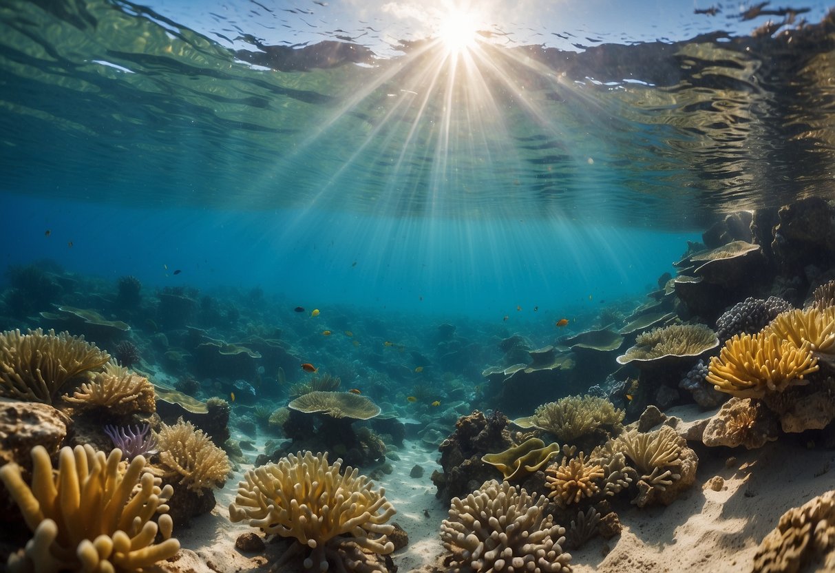 Crystal clear water, colorful coral reefs, and schools of tropical fish. Packed snorkeling gear laid out on a sandy beach with a map and itinerary