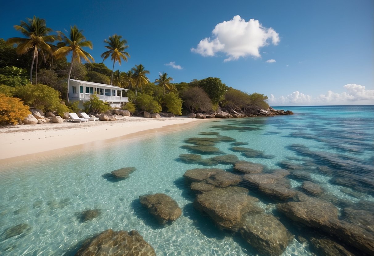 A beach with crystal clear waters, colorful coral reefs, and a clear blue sky. A cozy beachfront accommodation with snorkeling gear laid out. A calendar with dates marked for the trip