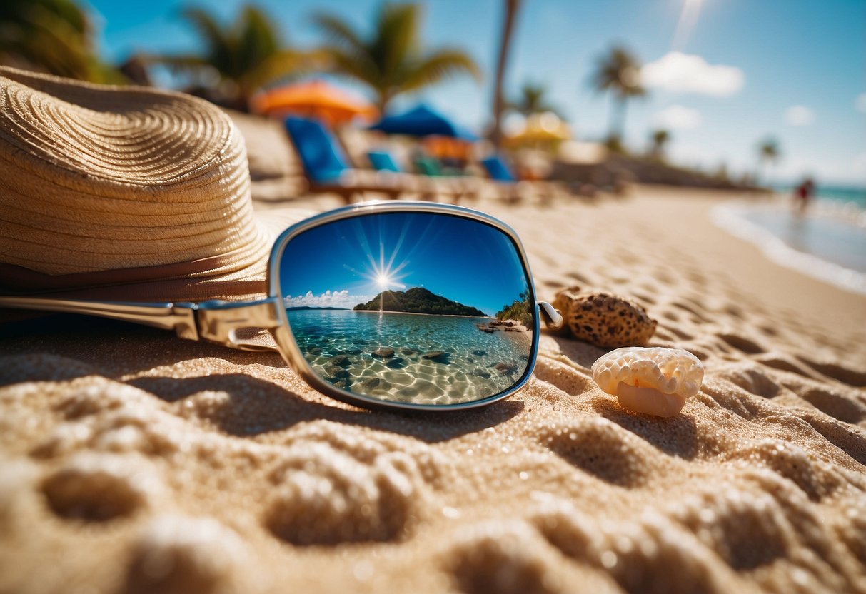 Crystal-clear water, vibrant coral reefs, snorkel gear, sunscreen, hats, and rash guards laid out on a sandy beach under a bright sun