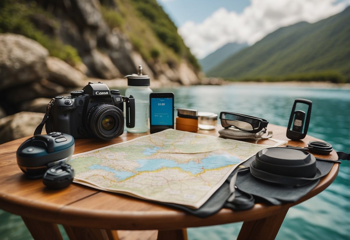 A table with a map, snorkeling gear, and a checklist. Sunscreen, water bottles, and a camera are also laid out. A calendar shows multiple days blocked off for the trip