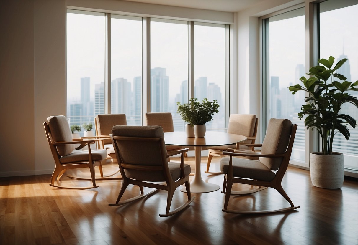 A room with various chairs: wooden dining, plush armchair, sleek modern, and vintage rocking chair